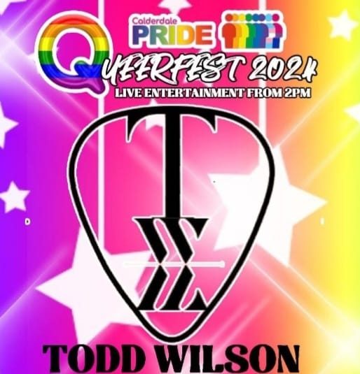 The Calderdale pride and Queerfest logos are visible with a logo of a guitar pick and the initials TWM with a multicoloured background.