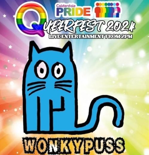 The Calderdale pride and Queerfest logos are visible with a blue cartoon cat.